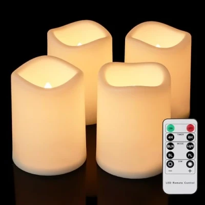 Afbeelding van FREEPOWER 4 led kaarsen, outdoor, waterdicht, met timer, afstandsbediening, werkt op batterijen, vlamloze stompkaarsen, elektrisch flikkeren, warm wit licht, kunststof, Ø 7,5 x 10 cm