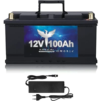 Afbeelding van 12V 100Ah LiFePO4 auto accu voor zonne installatie, camper, boot, huishouden, zonnepaneel kit en camping, lithiumbatterij oplaadbaar BMS bescherming (inclusief oplader)