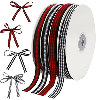 Afbeelding van 4 Rolls Kerst Wrapping Lint, Xmas Zwart Rood Buffalo Plaid Lint Wit Geruite Gingham Voor Diy Craft Thuis Garland Boog Deur Krans Decoraties