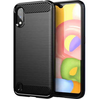 Afbeelding van Cadorabo Hoesje geschikt voor Samsung Galaxy A01 in Brushed Zwart Beschermhoes van flexibel TPU siliconen roestvrij staal carbonvezel look Case Cover