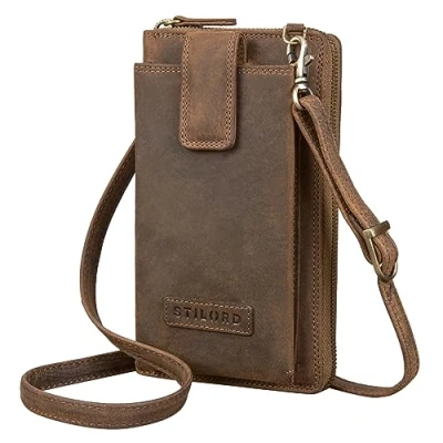Afbeelding van STILORD &#039;Nelly&#039; Crossbody telefoontas lederen schoudertas kleine case voor Smartphone en portemonnee Cross Over tas XS Echt Vintage Leer, Kleur:middel bruin