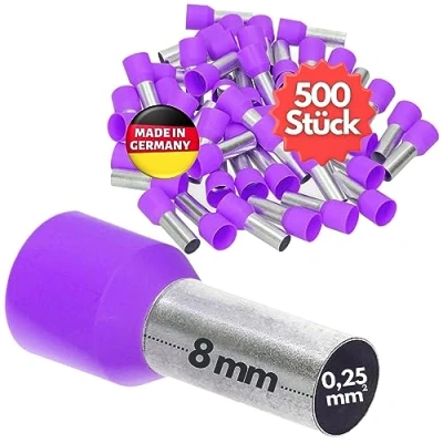 Afbeelding van 500 stuks Kalitec AE02508VI adereindhulzen geïsoleerd 0,25 mm² 8 mm lang paars I Made in Germany Industriële kwaliteit