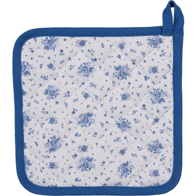 Afbeelding van Clayre &amp; Eef Pannenlap 20x20 cm Wit Blauw Katoen Vierkant Roosjes