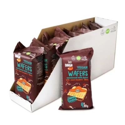 Afbeelding van SUPER FUDGiO Biologische wafels met cacao en hazelnootcrème, gezoet dadels in plaats van suiker, zonder palmolie, veganistische snack, 4 x 30 g, verpakking 8 stuks