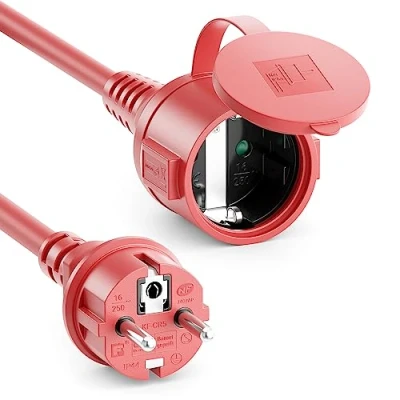 Afbeelding van deleyCON 2m Outdoor Verlengkabel Stroomkabel IP44 Weerbestendige Rubberen voor Buiten Veiligheidsstekker Type F (CEE 7/4) naar Contactdoos 7/3) Rood