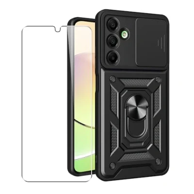 Afbeelding van SDTEK Hoesje voor Samsung Galaxy A16 telefoonhoesje met cameralensbescherming, standaard, magnetische ringhouder en glazen displaybeschermer (zwart)