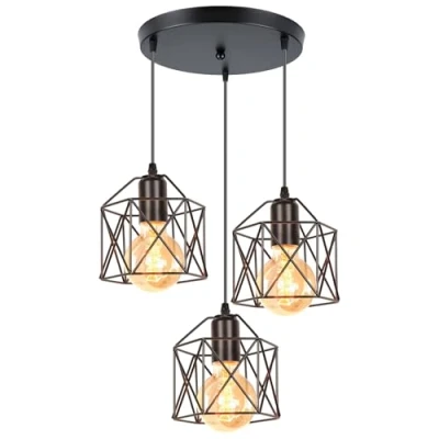 Afbeelding van iDEGU Vintage 3 lampen hanglamp industriële metalen kooi zeshoek kroonluchter plafondlamp lampenkap geometrisch design lamp E27 voor slaapkamer eetkamer woonkamer (zwart)