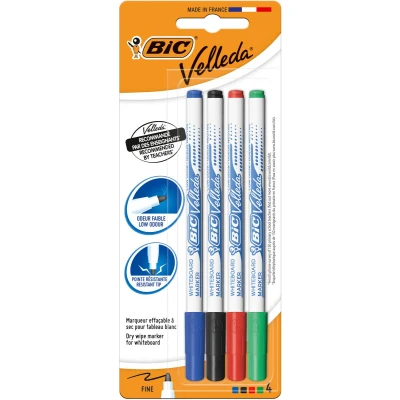 Afbeelding van Viltstift Bic Velleda 1721 whiteboard rond fijn assorti blister à 4 stuks