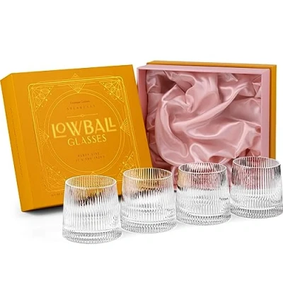 Afbeelding van GLASSIQUE CADEAU Speakeasy Vintage Art Deco glazen met korte gin, set van 4, 260 ml, kristallen Lowball voor het drinken klassieke rum en wodka bar, ronde stenen