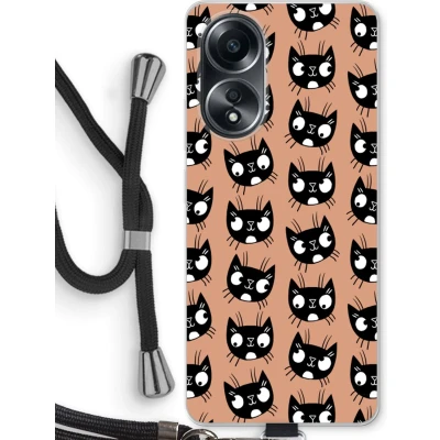 Afbeelding van Case Company® hoesje met Koord geschikt voor Oppo A58 4G Kat Telefoonhoesje Zwart Bescherming aan alle Kanten en Over de Schermrand