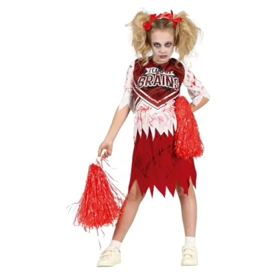 Afbeelding van Guirca Cheerleader Kostuum Zombie Campus No Brains Meisje Rood, Wit / Beige 10 12 jaar Halloween Verkleedkleding