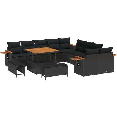 Afbeelding van vidaXL 13 delige Tuinset met Kussens Zwart Poly Rattan en Acacia