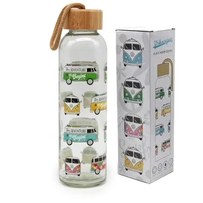Afbeelding van Puckator Drinkfles van glas met deksel bamboe, 500 ml, Volkswagen T1, Summer &amp; Surf