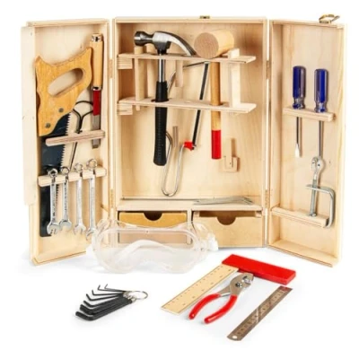 Afbeelding van Leomark Deluxe Gereedschap voor kinderen, 30 delig, houten gereedschapskist, compacte gereedschapskoffer, kast met gereedschap, kist accessoires