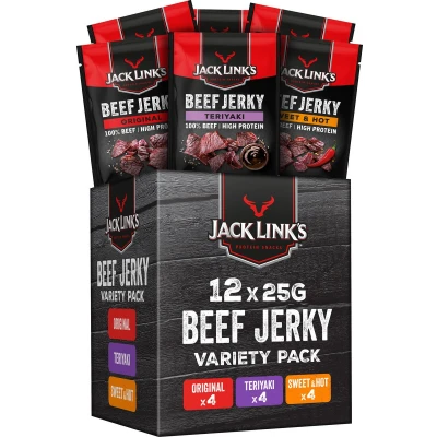 Afbeelding van Jack Link&#039;s Beef Jerky Gemengde karton, verpakking van 12 stuks (12 x 25 g), hoogwaardige vleessnack, Teriyaki, Sweet &amp; Hot High Protein snack ideaal voor onderweg, op kantoor of tijdens het