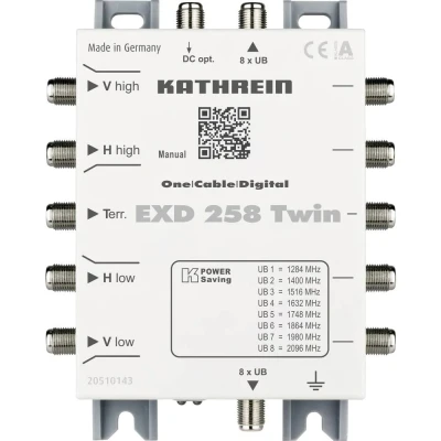 Afbeelding van Kathrein EXD 258 Twin satelliet multiswitch cascade unicable Ingangen (satelliet): 5 (4 / 1 terrestrisch) Aantal gebruikers: 16