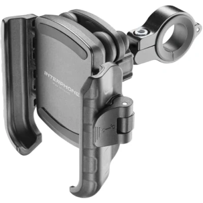 Afbeelding van INTERPHONE SMCRAB24PRO Universele smartphonehouder met trillingsbescherming PRO voor motorfiets, aluminium, 360 graden draaibaar, rond stuur diameter 16/30 mm