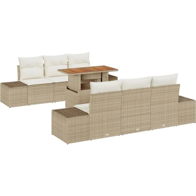 Afbeelding van vidaXL Tuinbank Set van 7 Beige, Crème Riet, Stof Buiten Eettafel