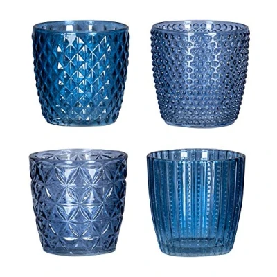 Afbeelding van Set van 4 windlicht H7,5 cm glas blauw theelichthouder kaarsen retro kaars kaarsenhouder tafeldecoratie decoratie