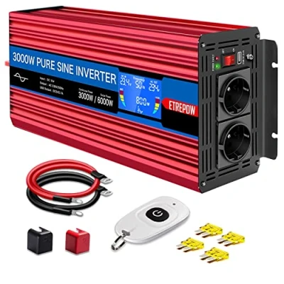 Afbeelding van ETREPOW 3000w/6000W Omvormer Zuivere Sinus Spanningsomvormer 24v 230v Stroomomvormers met 2 EU stopcontact en 1 USB poort, Draadloze Afstandsbediening, LCD Scherm