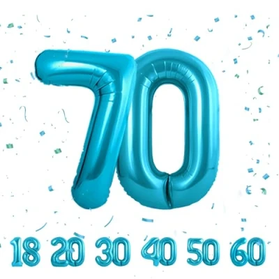 Afbeelding van 70e verjaardag decoratie cijfers ballon 70 jaar folieballon blauw voor mannen vrouwen nummer vliegt met helium