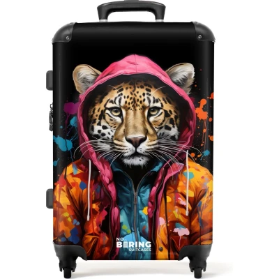 Afbeelding van NoBoringSuitcases.com® Koffer groot Rolkoffer lichtgewicht Luipaard met kleurrijke jas en verfspetters Reiskoffer 4 wielen Grote trolley XL 20 kg bagage