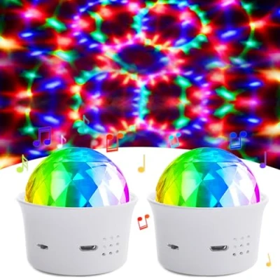 Afbeelding van Bonlux Mini lichteffecten, partylicht voor kinderen, discobol, licht, RGB, podiumlamp, stemgestuurd, USB, Halloween, sfeerlicht verjaardag, kamer, feest, Kerstmis, 2 stuks