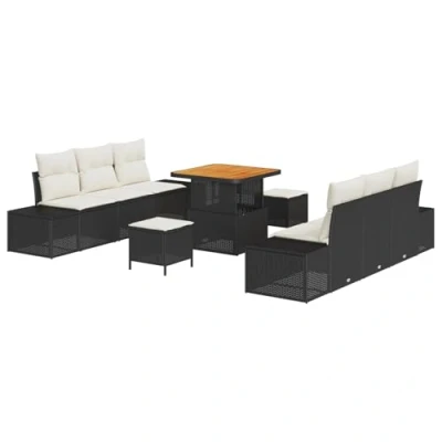 Afbeelding van vidaXL 9 delige tuin sofa set met kussens zwart poly rattan acacia, 2 zits rattan, 3 eetset acacia