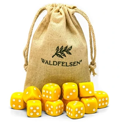 Afbeelding van Waldfelsen 6, 12, 20, 30 of 50 hoogwaardige dobbelstenen, standaardformaat, 16 mm, acryldobbelstenen, speeldobbelstenen, 6 zijdig, zeszijdig speelaccessoireset met stoffen zak (geel, 12