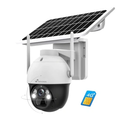 Afbeelding van Nivian Bewakingscamera 360 graden 4G (sim) + zonnepaneel 7 W batterij, lange levensduur, 18000 mAh, 2 K, bewegingsdetectie en menselijke herkenning, geschikt voor buiten, nachtzicht, leds,