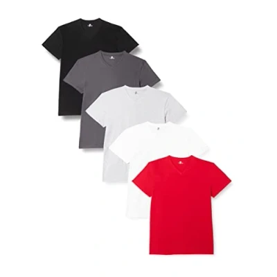 Afbeelding van Lower East Heren T shirt met V hals, gemaakt van 100% katoen, Wit/grijs melange/forged iron/zwart/rood, set 5, L