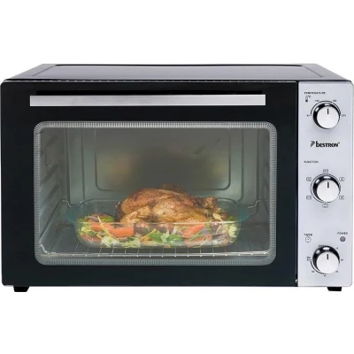 Afbeelding van bestron Mini oven AOV55, 2 in 1 apparaat met draaispit, edelstaal, zwart