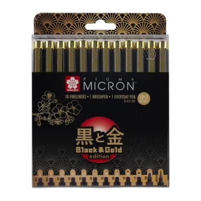 Afbeelding van Sakura Pigma Micron Black &amp; Gold Edition fijnschrijver set 12 maten, zwart (POXSDKB12YOS)