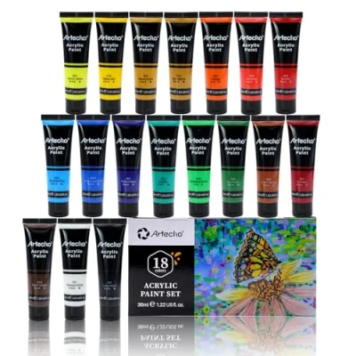 Afbeelding van Artecho acrylverfset, 18 x 36 ml, waterdicht en lichtecht, sneldrogend, ideaal voor canvas, papier stoffen, cadeaus Kerstmis andere feestdagen