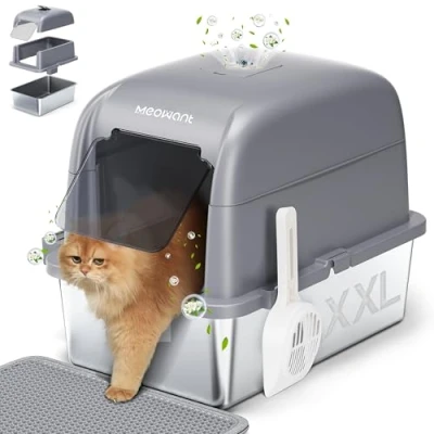 Afbeelding van MeoWant kattenbak van roestvrij staal met deksel, vooringang, extra grote metalen kattenbakvulling en zak mat, grijs