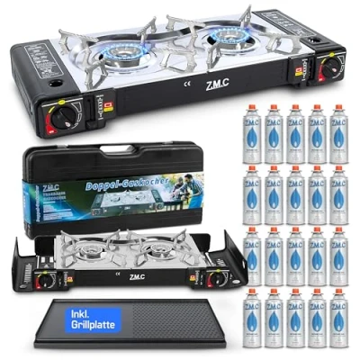 Afbeelding van ZMC Camping gasfornuis 2 pits incl. adapter voor LPG aansluiting + grillplaat 45 x 24 cm 20 gaspatronen 227 g opbergkoffer, campingkooktoestel met piëzo ontsteking, outdoor gaspatronenkoker
