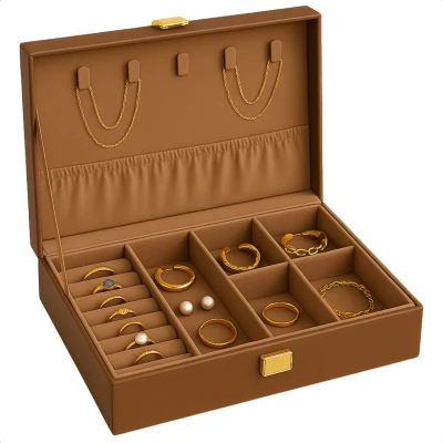 Afbeelding van Cheqo® Sieradendoos Kunstleer Bijouteriedoos Sieradenkoffer Juwelendoos Sieraden Organizer Bruin Doos Sieradendoosje Met Kettinghaakjes en Ringklemmen