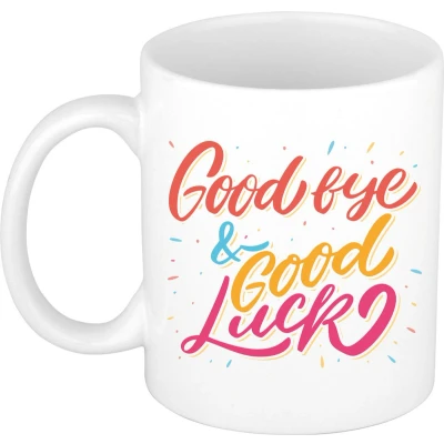 Afbeelding van Goodbye and goodluck cadeau mok / beker wit afscheid pensioen feest mokken