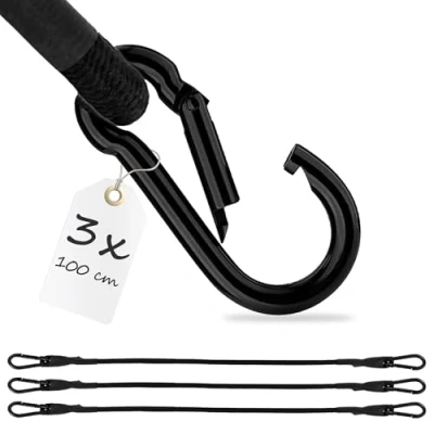Afbeelding van ECENCE 3x Spanelastiek met karabijn 100cm in Zwart Rubberen spanbanden, bagagespanband, expander, spanband voor fiets, auto, bagage, transportbeveiliging