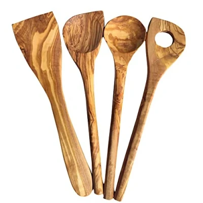 Afbeelding van 4 klassieke kooklepels, set van olijfhout, rond, met hoek, spatel, risotto lepel (set 4)