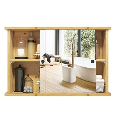 Afbeelding van EUGAD Spiegelkast voor badkamer, badkamerkast met spiegels, hangende schuifdeuren, hangkast verstelbare plank, van bamboe, 55 x 35,5 14 cm