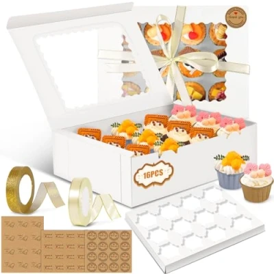Afbeelding van POWZOO Verpakking van 16 cupcake muffindozen met venster (25 x 32,5 9 cm), papieren dozen voor pastries, touw en stickers, ideaal taartdecoratie transportdoos. (Wit, 12 gaten)