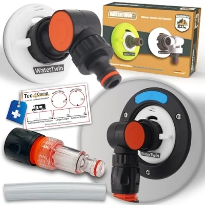 Afbeelding van MaJoCompTec® WATERTWIN Tankdeksel met wateraansluiting, watertankdeksel, vuladapter voor watervulopening camper en caravanaccessoire (Flex versie + compact filter, adapter 3 pins D: 78)