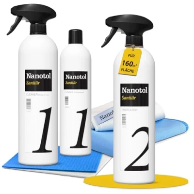 Afbeelding van Professionele badkamerverzegelingsset met lotuseffect, nano verzegeling, nanotol sanitaire set cleaner &amp; protector + microvezeldoekjes voor kalkbescherming grote badkamers, zwembad, hotel &quot;XL&quot; 160 m²