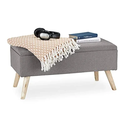 Afbeelding van Relaxdays zitbank met opbergruimte, kussen, houten poten, opbergbank, HxBxD: 39,5 x 79,5 cm, lichtgrijs