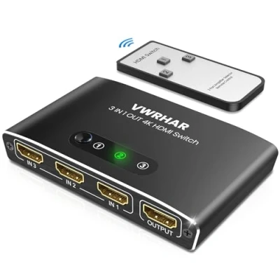 Afbeelding van HDMI Switch 3 IN 1 Out, Splitter met Afstandsbediening, Aluminium Poorten Schakelaar Ondersteuning 4K 3D 1080P Compatibel voor PS5 PS4, PS3, PC, DVD/Blu Ray Speler, Xbox, Roku, TV…