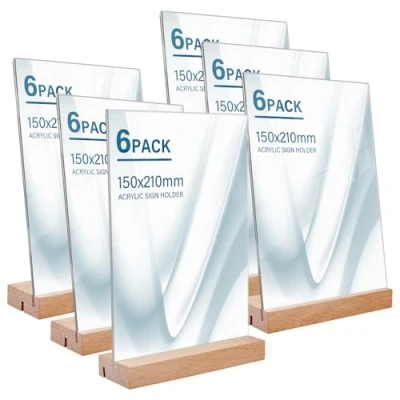 Afbeelding van Presentatiestandaard A5: 6 stuks tafelmenuhouders A5, tafelfotolijst, A5 verticale houder, dubbelzijdige display transparant acryl voor restaurant, kantoor, bruiloftstoonbank