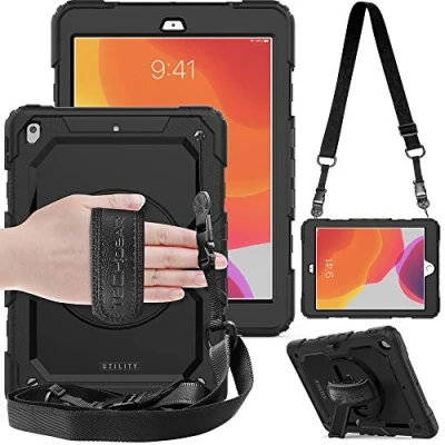 Afbeelding van TECHGEAR UTILITY hoes Compatibel met iPad 10.2 2020/2019 [8e / 7e generatie] Stoere, Robuuste, Schokbestendige Hoesje 360 Roterende Stand, Handriem en Schouderriem Case Zwart