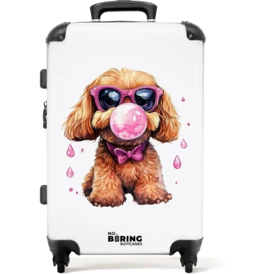 Afbeelding van NoBoringSuitcases.com® Kinderkoffer meisje Kindertrolley meisjes Bruine hond met roze bril en kauwgombal Koffer kind groot Rolkoffer lichtgewicht Reiskoffer 4 wielen Grote trolley XL 20 kg bagage