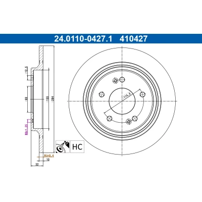 Afbeelding van Remschijf ATE 24.0110 0427.1, voor o.a. KIA, HYUNDAI